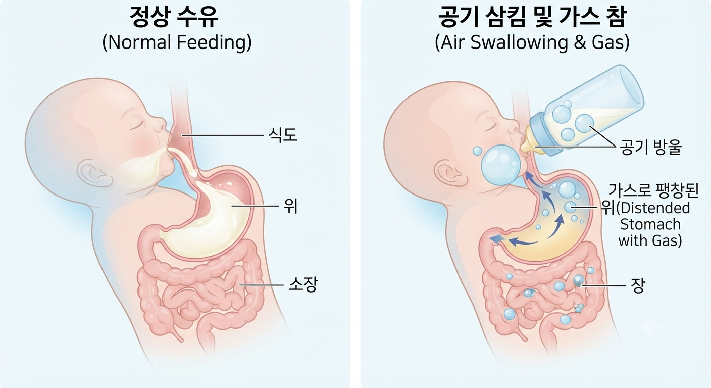 미숙한 소화기와 공기삼킴으로 인한 가스참