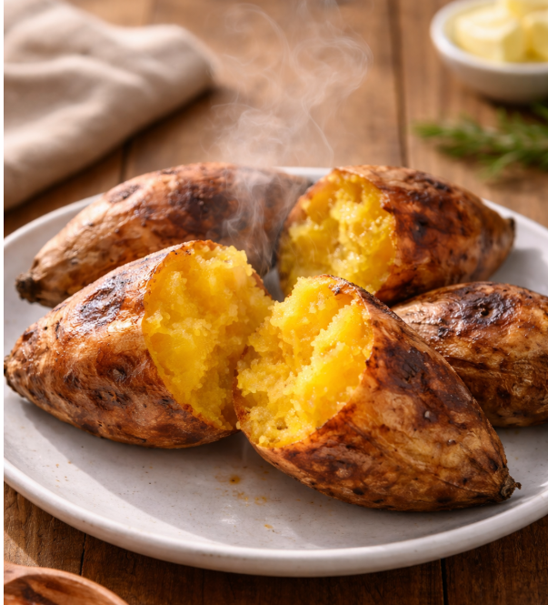 에어프라이어로 구운 군고구마 사진. 반으로 잘라 속이 노랗게 드러나 있고 김이 올라오고 있음.