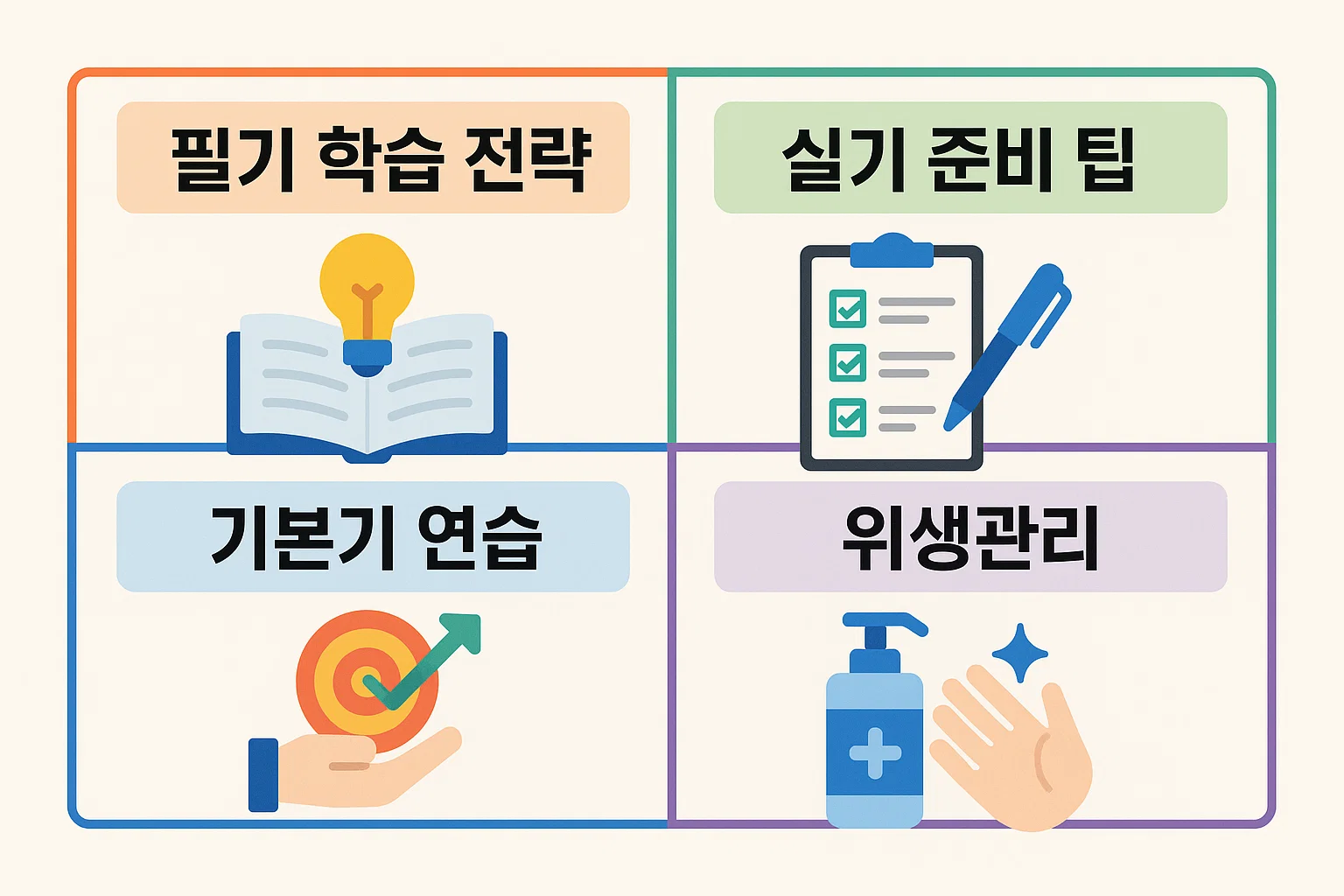 초보 수험생을 위해 필기 학습전략, 실기시험 준비 팁, 기본기 연습 포인트, 위생관리 필수 요소를 2025년 기준으로 체계적으로 정리한 인포그래픽