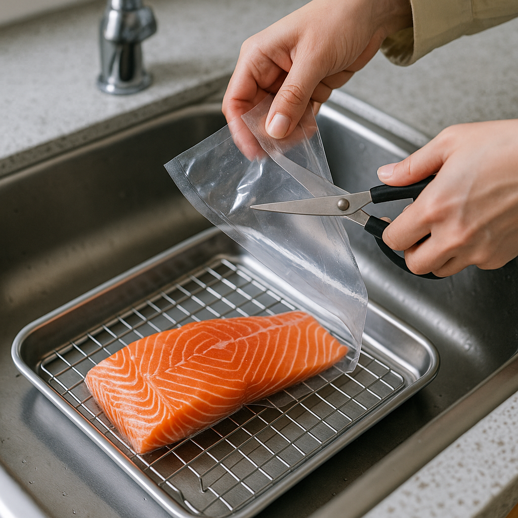 싱크대에서 진공포장을 가위로 제거하고, 연어를 그물망+받침 트레이 위에 올리는 장면