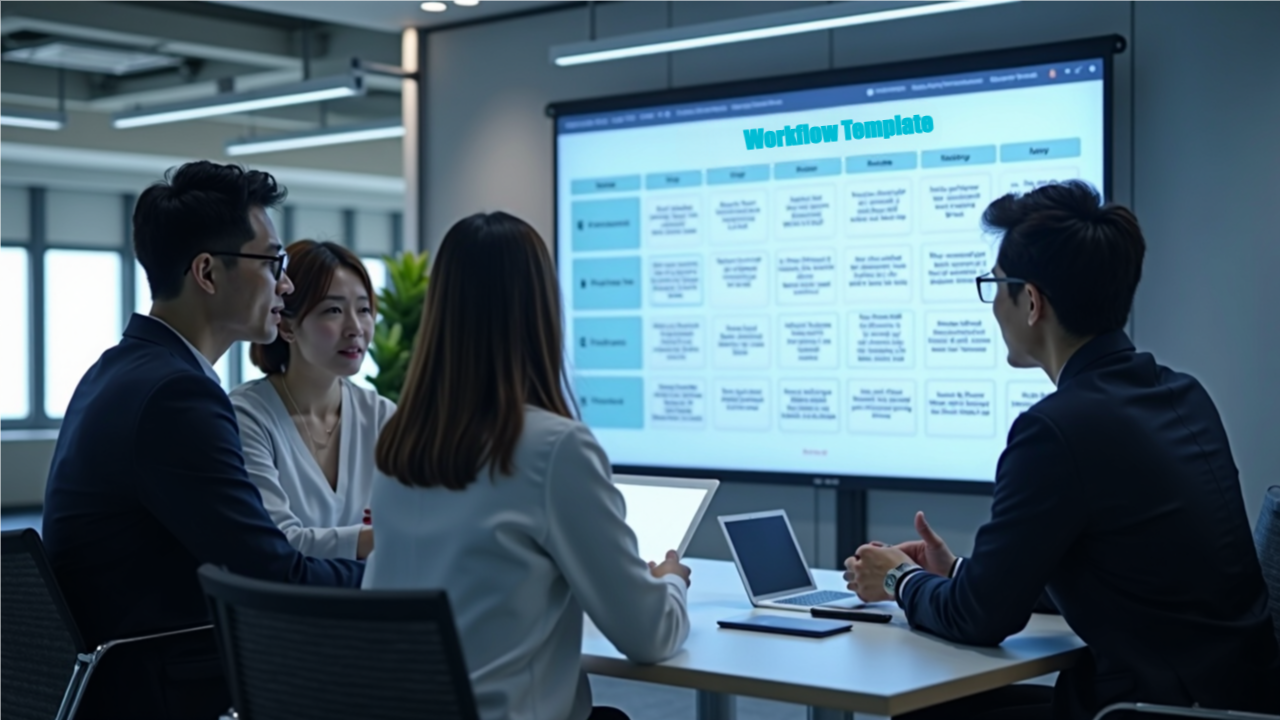 팀원들이 디지털 화면에서 구조화된 템플릿을 활용해 협업하는 모습