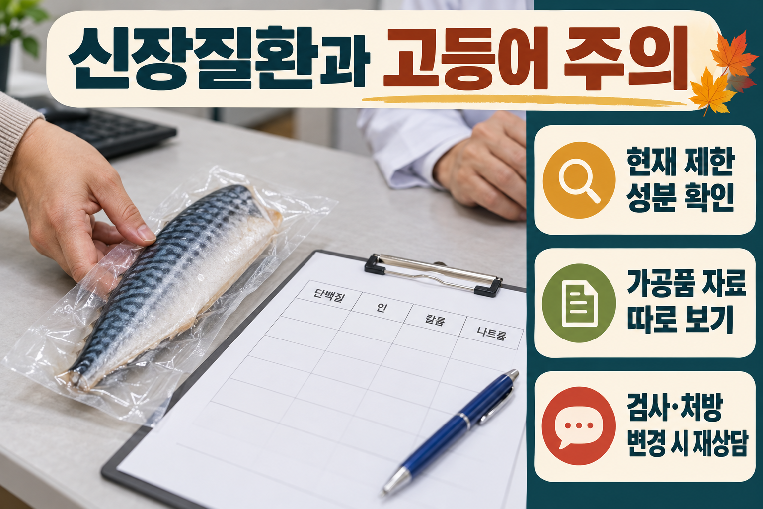 고등어 &middot; 인&middot;칼륨 제한 중에는 큰 토막과 짠 가공품을 따로 점검해요 실사 인포그래픽