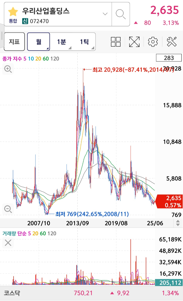 우리산업홀딩스-월봉차트분석