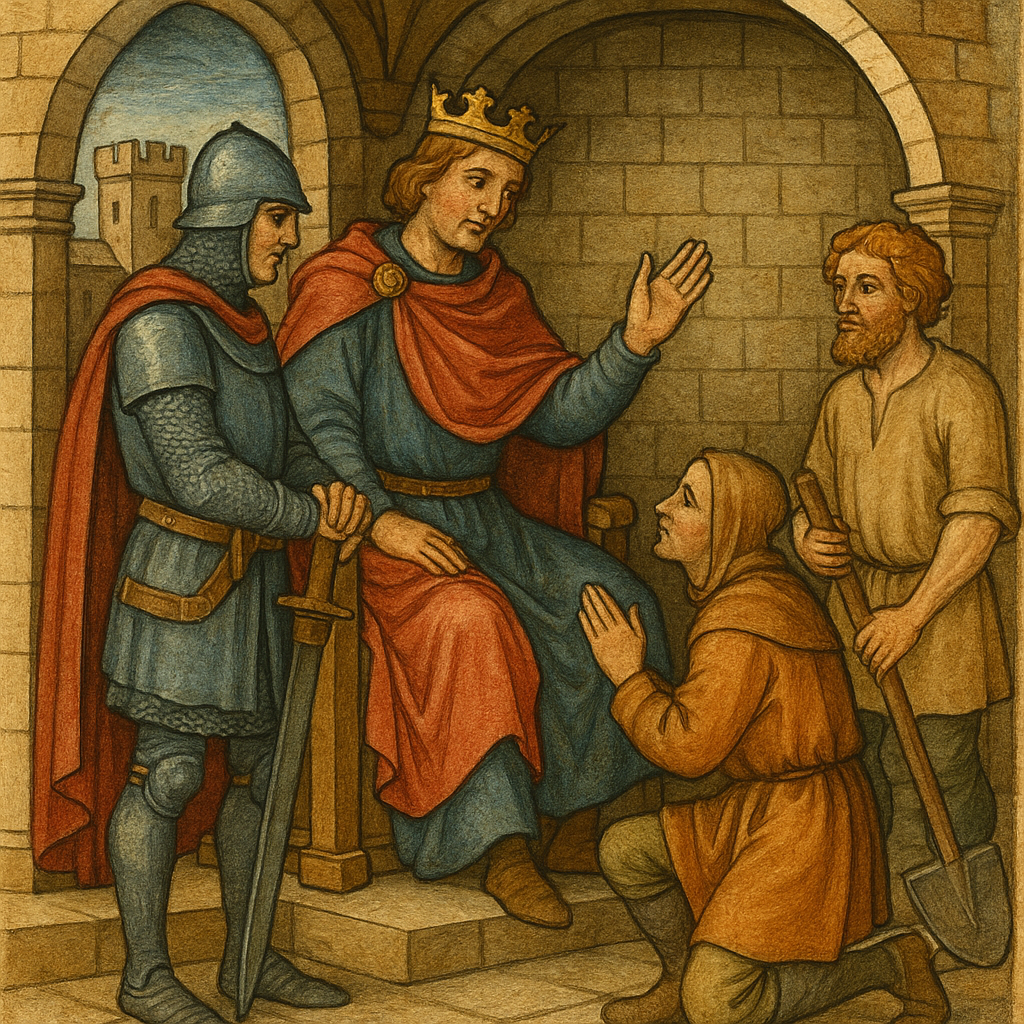 중세 성 안에서 권력을 행사하는 영주와 기사 농민의 모습