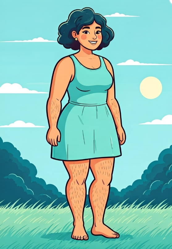 팔과 다리에 털이 많고 통통한 여성의 그림