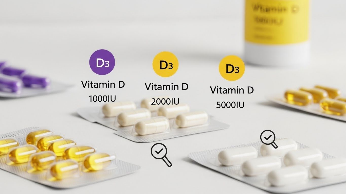 다양한 비타민 D 보충제 옵션을 대표하는 미니멀하고 깨끗한 비주얼로, 다양한 IU 수치(예: 1000IU, 2000IU, 5000IU)에 초점을 맞추고 명확한 D3 라벨을 사용합니다.