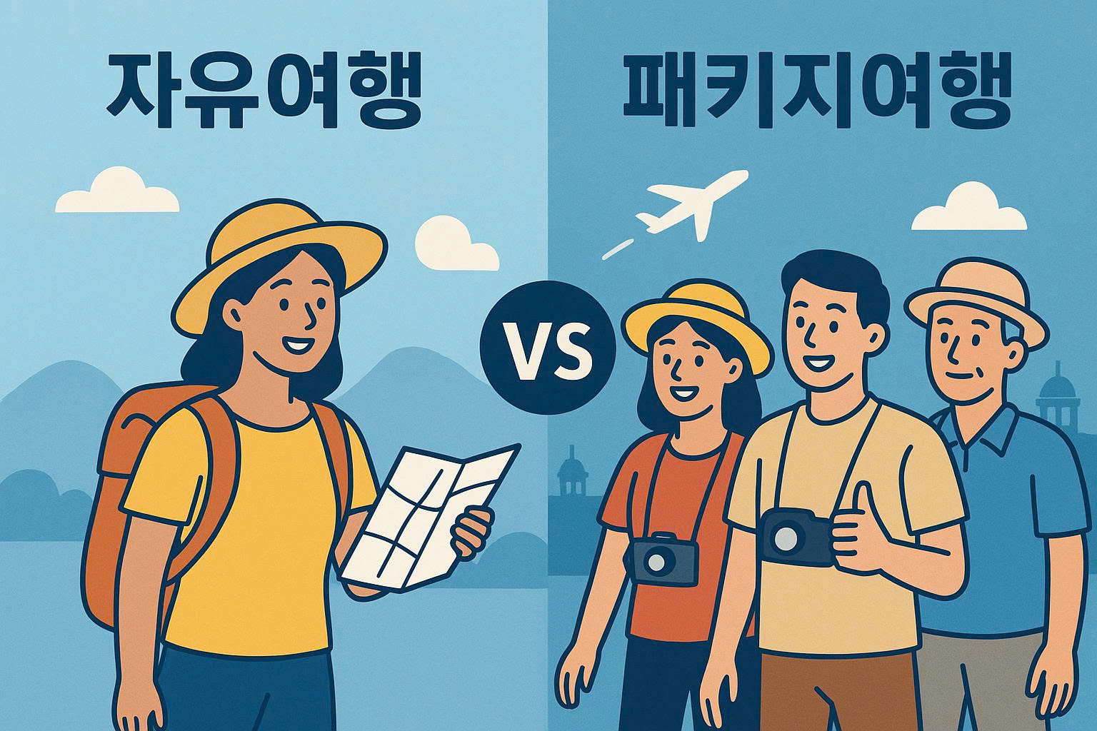 자유 여행자와 패키지 여행자들 비교 이미지