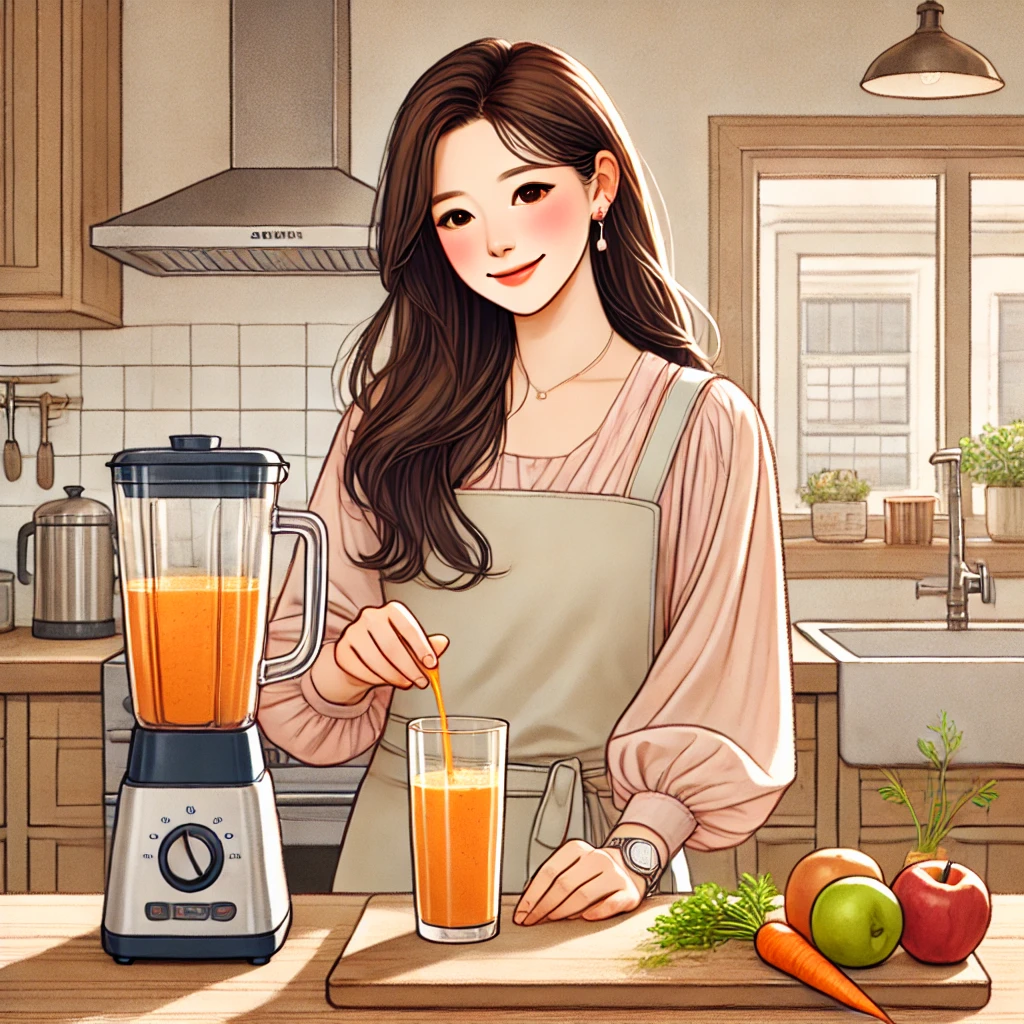 "한국 여성이 현대적인 주방에서 당근과 사과로 스무디를 만드는 모습. 따뜻한 조명과 자연스러운 분위기의 주방.