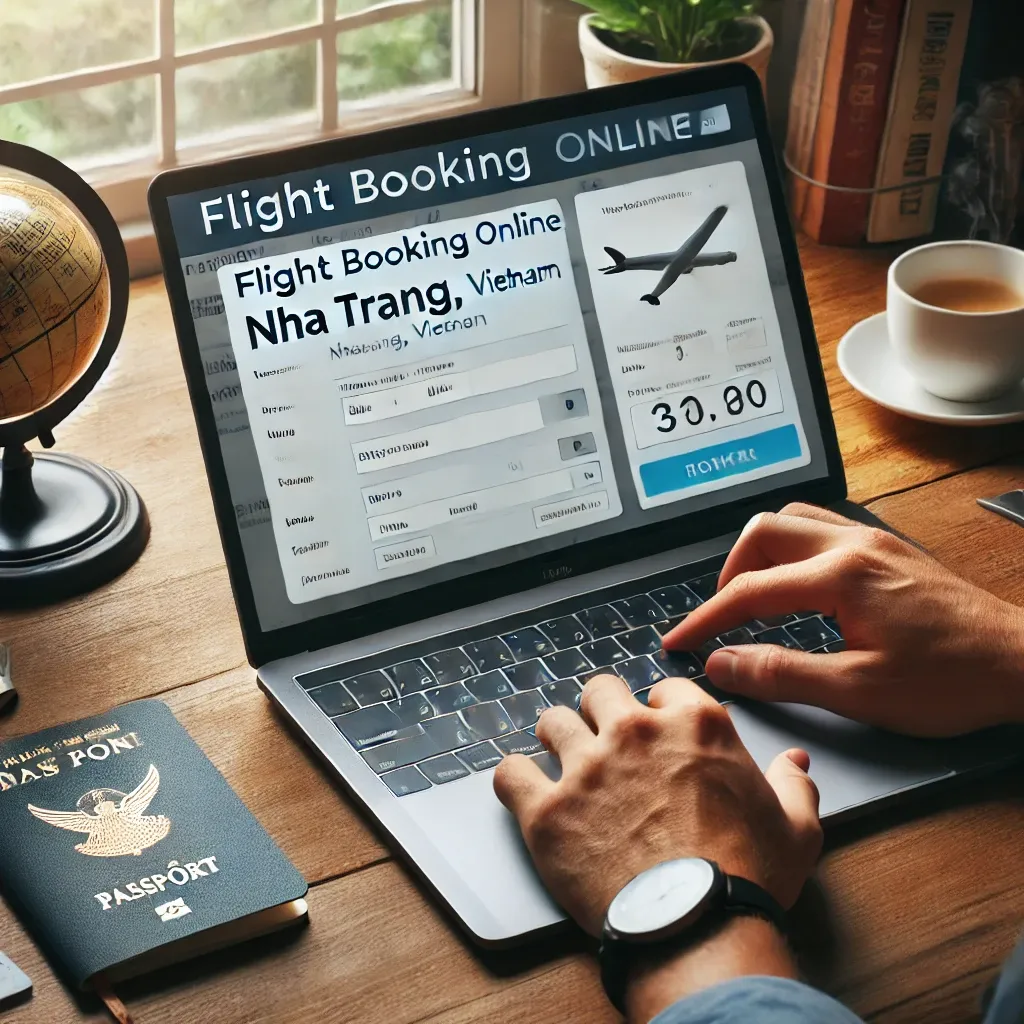 나트랑으로 가는 항공권을 예약하는 모습을 보여주는 노트북 화면.