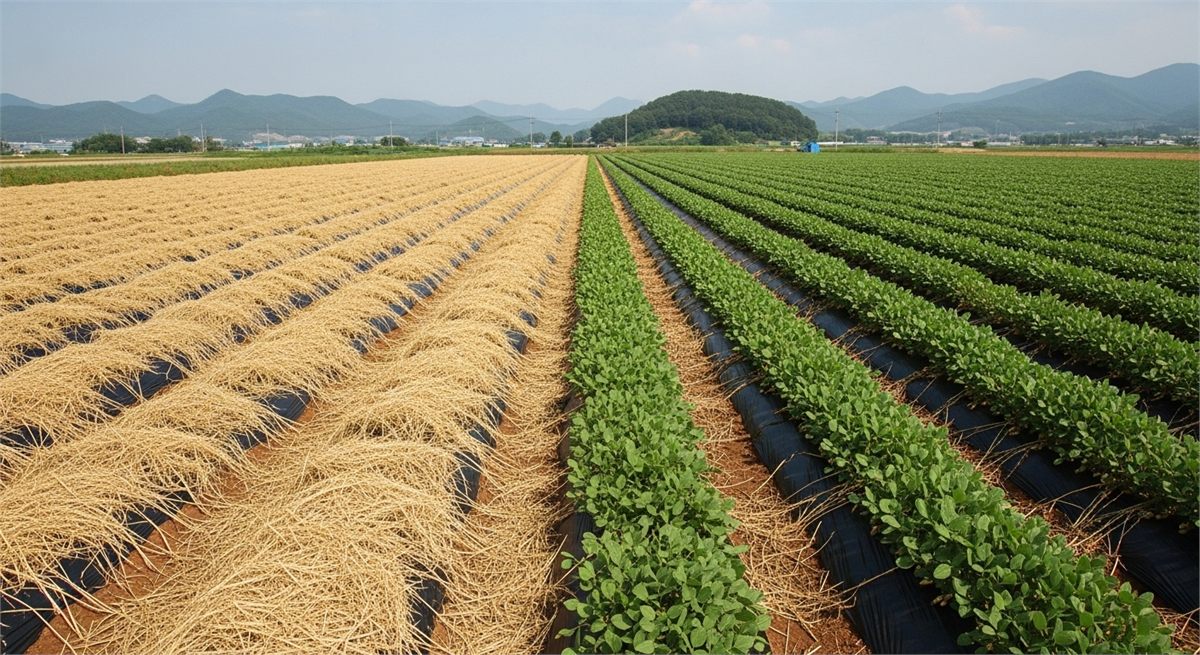 비닐피복과 무피복 땅콩밭을 함께 보여주는 비교 장면