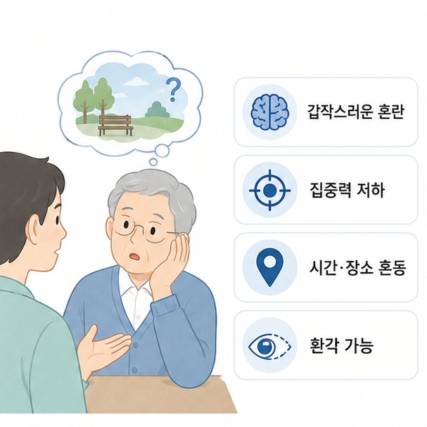 섬망에서 집중력 저하와 시간 장소 혼동, 환각과 수면 변화가 나타날 수 있음을 설명한 이미지