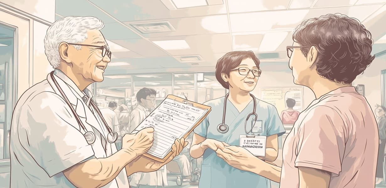 건강검진 예약과 비용, 불참 관련 설명을 듣는 어르신 – 달력, 동전, 경고표시 아이콘이 함께 등장