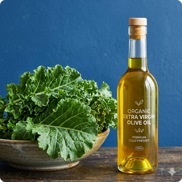 싱싱한 케일과 올리브오일이 담긴 병