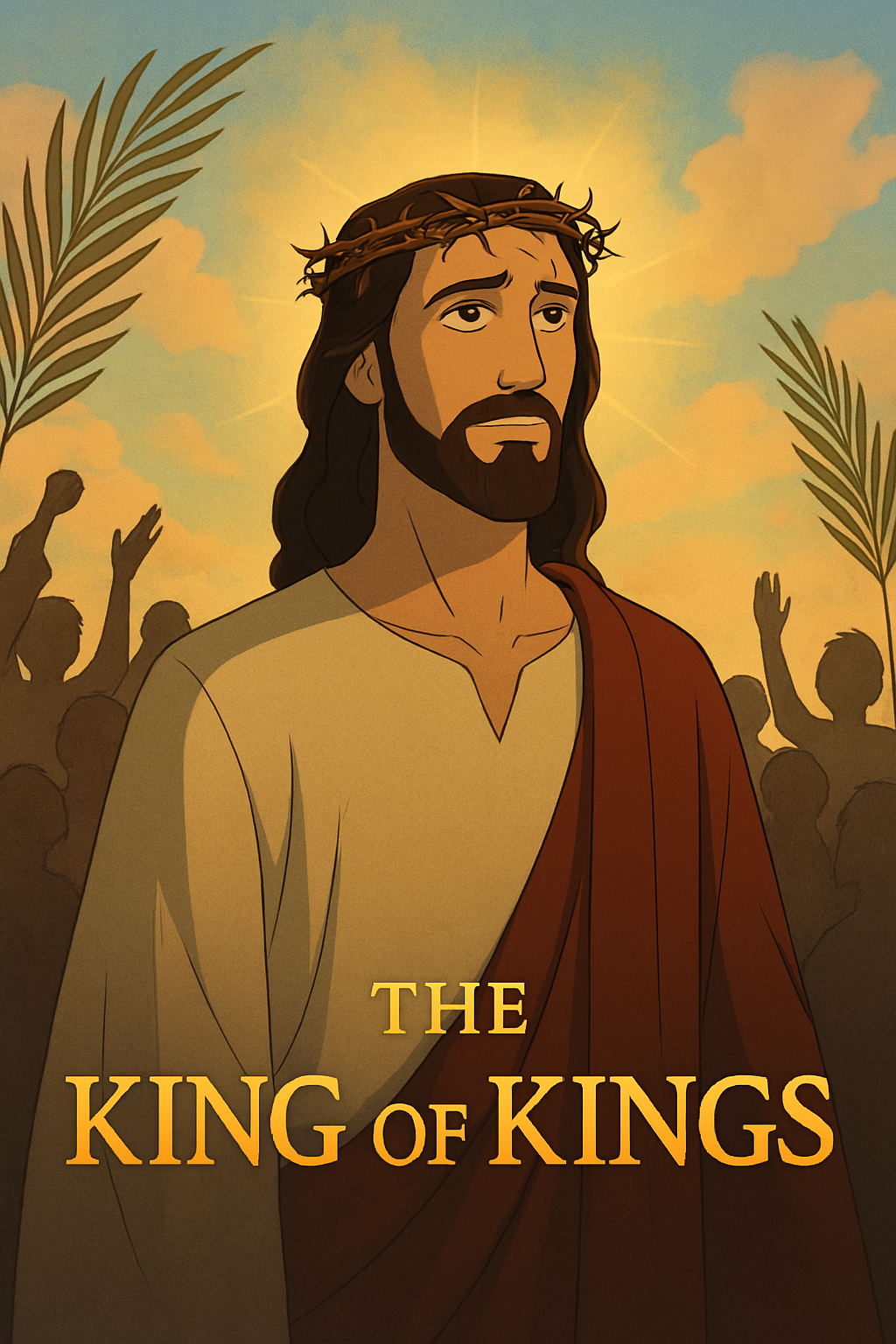 "예수의 모습을 상징적으로 표현한 애니메이션 일러스트. 예수는 가시관을 쓰고 붉은 겉옷을 걸친 채 황금빛 햇살 아래 평온한 표정을 짓고 있으며, 배경에는 손을 들고 있는 군중들의 실루엣과 종려나무 가지가 보인다. 하단에는 'THE KING OF KINGS'라는 제목이 적혀 있다."