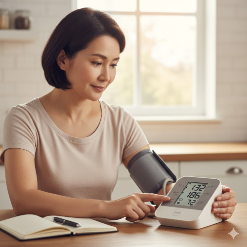 가정용 혈압계로 수치를 확인하는 모습