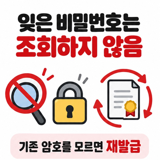 공동인증서 비밀번호는 기존 암호를 조회하기보다 재발급으로 새 암호를 설정한다는 내용을 보여주는 카드