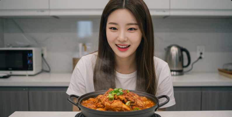 완성된 닭볶음탕을 보고 즐거워 하는 모습