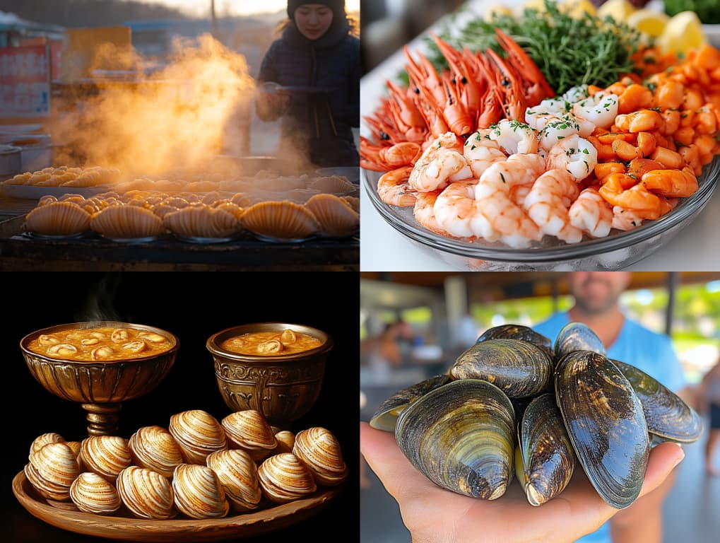 갓 잡아 올린 듯 신선한 해산물의 향연을 담은 이미지입니다. 뜨거운 김을 내며 구워지는 가리비, 보기 좋게 담긴 새우와 조개 관자 플래터, 따뜻하고 시원한 조개탕, 그리고 손으로 직접 든 싱싱한 조개까지, 다채로운 해산물의 매력을 생생하게 전달합니다. 해산물 요리, 해산물 맛집, 또는 신선한 해산물 식재료 관련 콘텐츠에 활용하여 시각적인 즐거움과 식욕을 돋우는 데 효과적입니다. 특히, 프랑스어로 "해산물 플래터"를 의미하는 "Plateau de fruits de mer"를 연상시키는 고급스러운 해산물 요리 이미지는 특별한 미식 경험을 어필하기에 좋습니다.