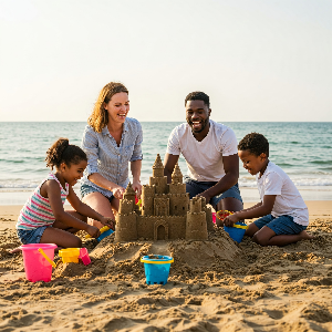 해변에서 모래 성을 쌓는 행복한 가족의 모습