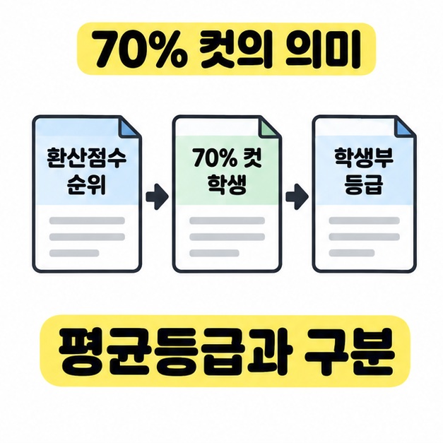 환산점수 순위에서 70% 컷 학생과 학생부 등급으로 이어지는 문서 도식과 평균등급과 구분하라는 안내