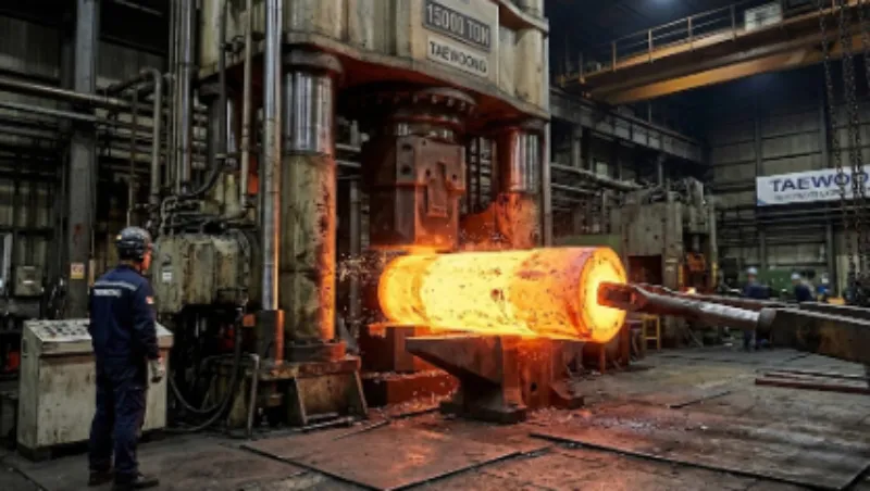 초대형 자유단조 공정에서 거대한 쇳덩이를 프레스로 가공하는 산업 현장 이미지