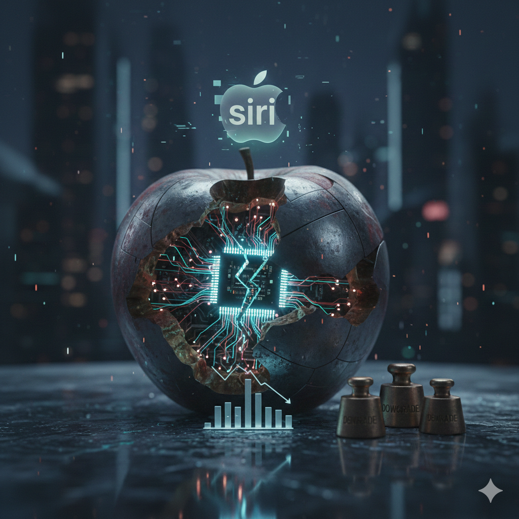 밤의 도심 마천루를 배경으로 금속판을 이어 붙인 듯한 형태의 짙은 색 사과가 배치되어 있어요. 사과의 중심부가 거칠게 파손되어 있으며, 그 내부에는 붉은색과 푸른색 빛이 흐르는 복잡한 인쇄 회로 기판(PCB)과 중앙 프로세서가 노출되어 있어요. 사과 앞쪽 바닥에는 주가 하락을 상징하는 막대그래프와 하향 곡선이 홀로그램처럼 떠 있고, 우측에는 DOWNGRADE 글자가 새겨진 금속 추가 놓여 있어 기술적 결함과 경제적 가치 하락을 시각화해요.