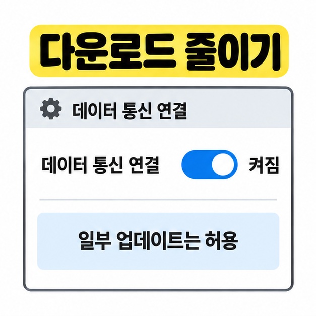 다운로드 줄이기 제목 아래 데이터 통신 연결 토글이 켜져 있고 일부 업데이트는 허용된다고 안내하는 예시