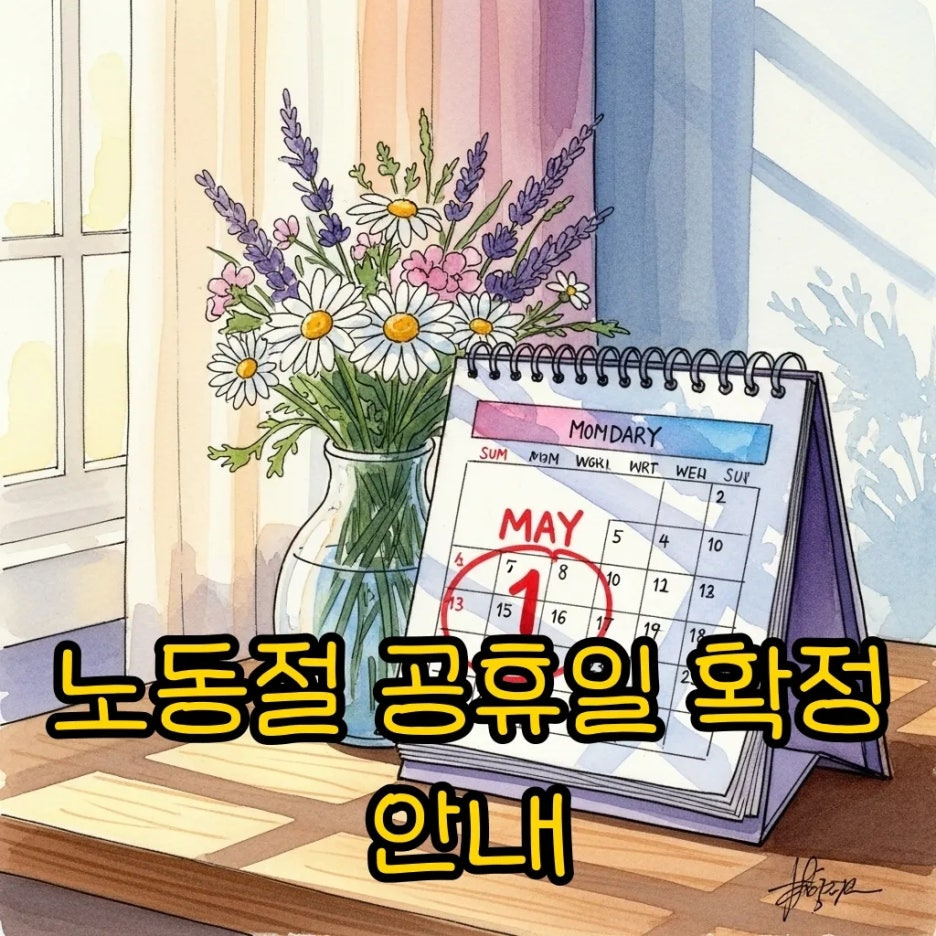 따스한 햇살 아래 5월 1일이 표시된 수채화풍 달력