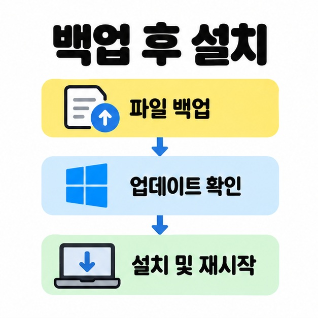 파일 백업, 업데이트 확인, 설치 및 재시작을 차례로 연결한 Windows 11 업그레이드 순서도