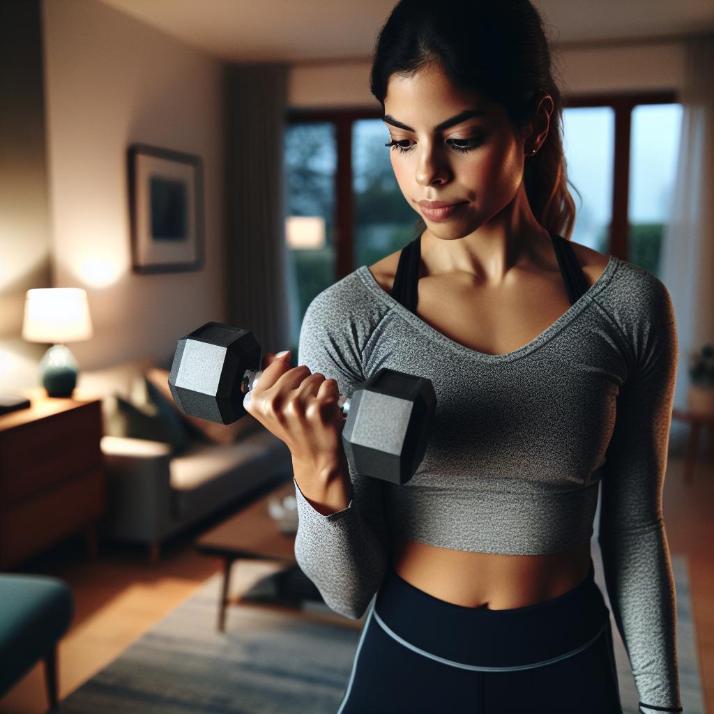 젊은 여성이 집에서 덤벨로 운동하는 모습