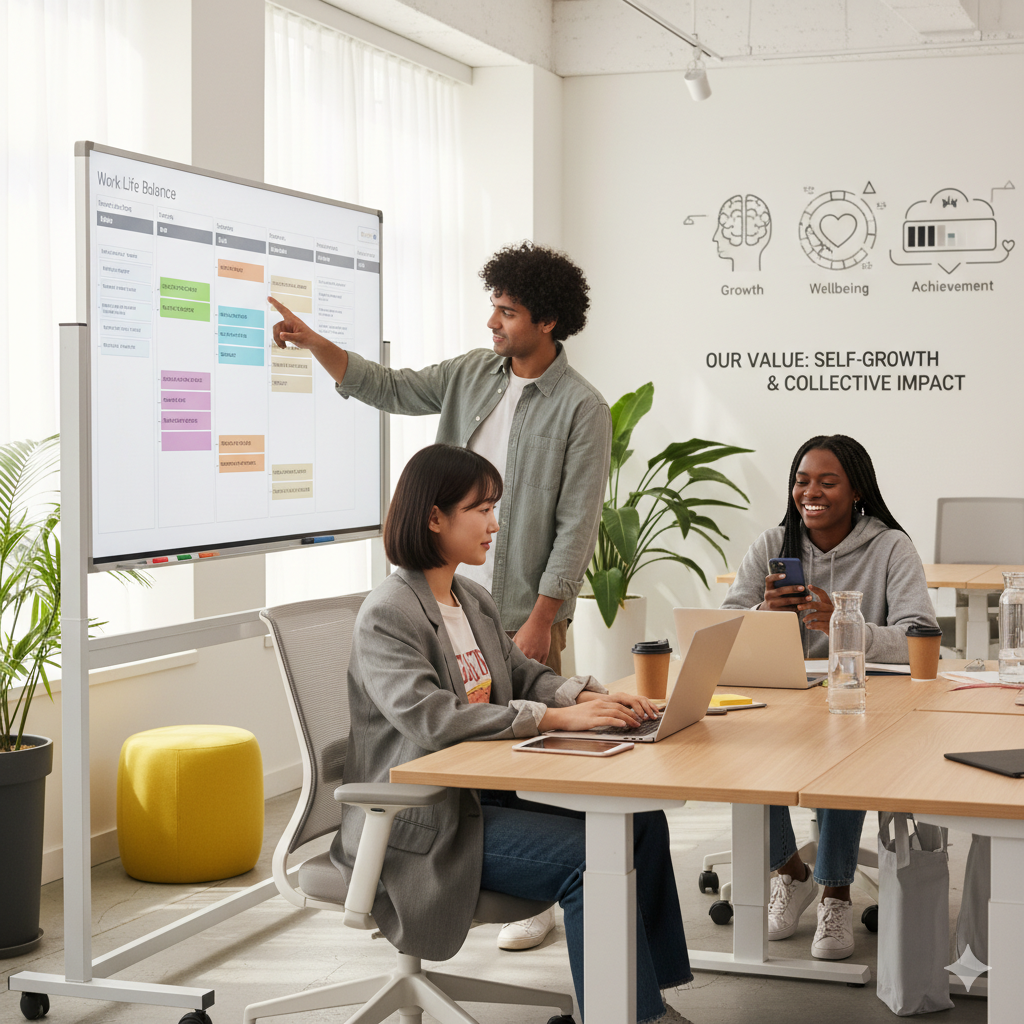 생성형 AI로 만든 MZ세대가 워라밸, 자기 성장, 그리고 협력을 중시하며 만들어가는 현대적이고 유연한 직장 문화를 보여주는 사진입니다.