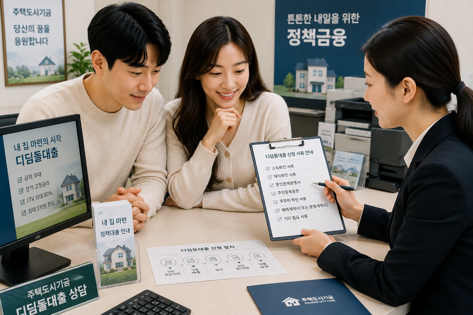신혼부부가 은행에서 디딤돌대출 신청 서류와 준비 절차를 상담받는 모습