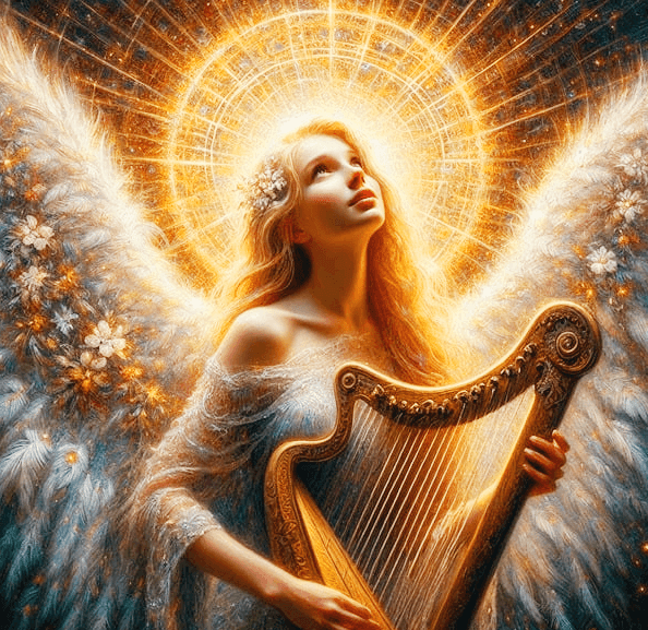 긴 금발머리를 가진 여자 엔젤이 빛이 뿜어져나오는 하늘을 올려다본다. 손에는 하프를 들고 있고 꽃들이 달린 큰 날개를 활짝 펼쳤다.