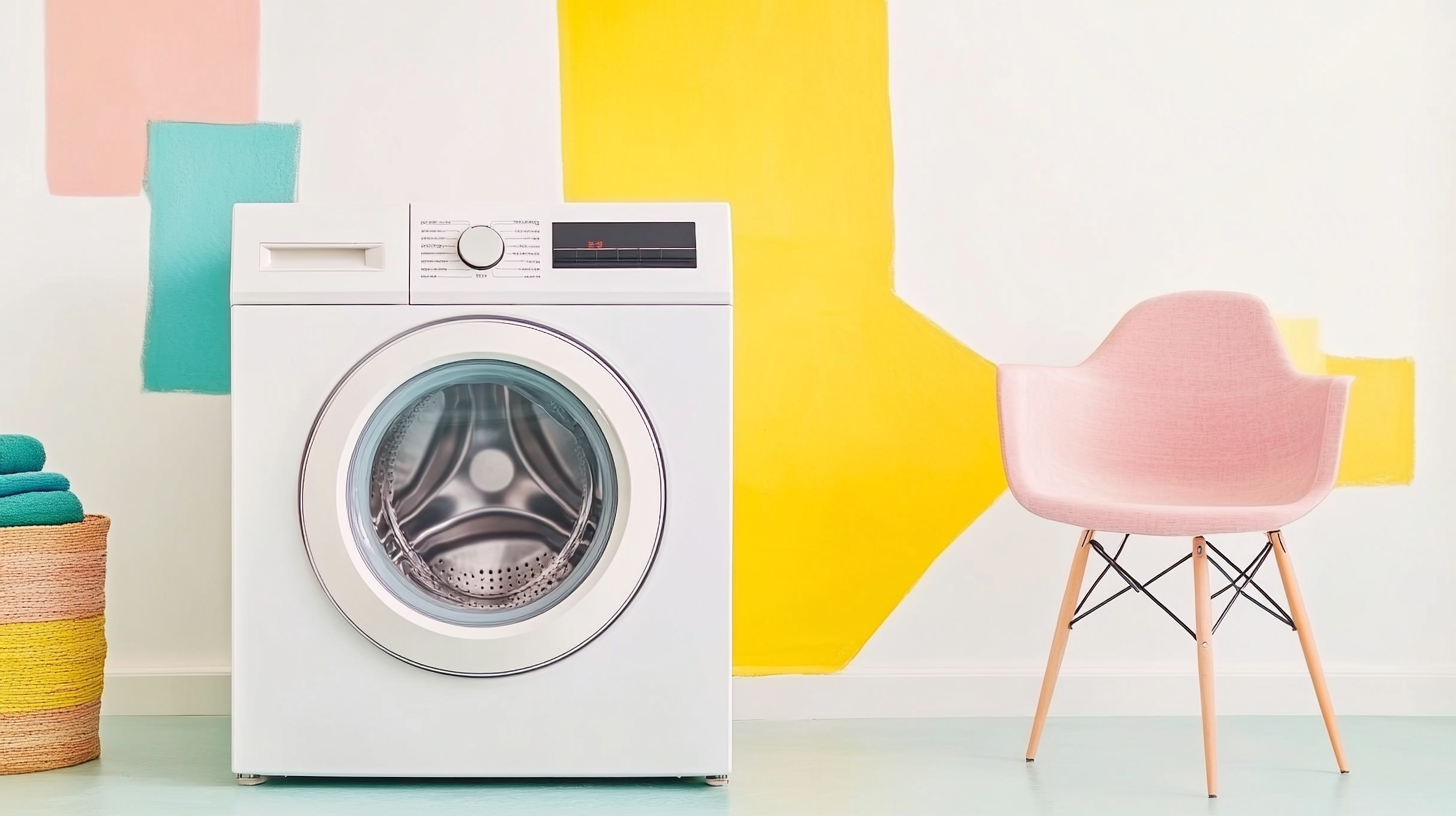 밝고 아늑한 세탁실에 설치된 현대적인 디자인의 세탁기, 자연광이 들어오는 모습으로 청결함과 편안함을 표현.