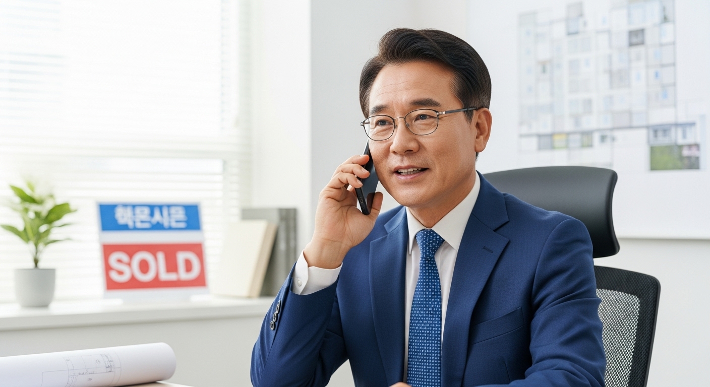 깔끔한 사무실에서 고객과 전화 상담 중인 50대 공인중개사 남성의 모습