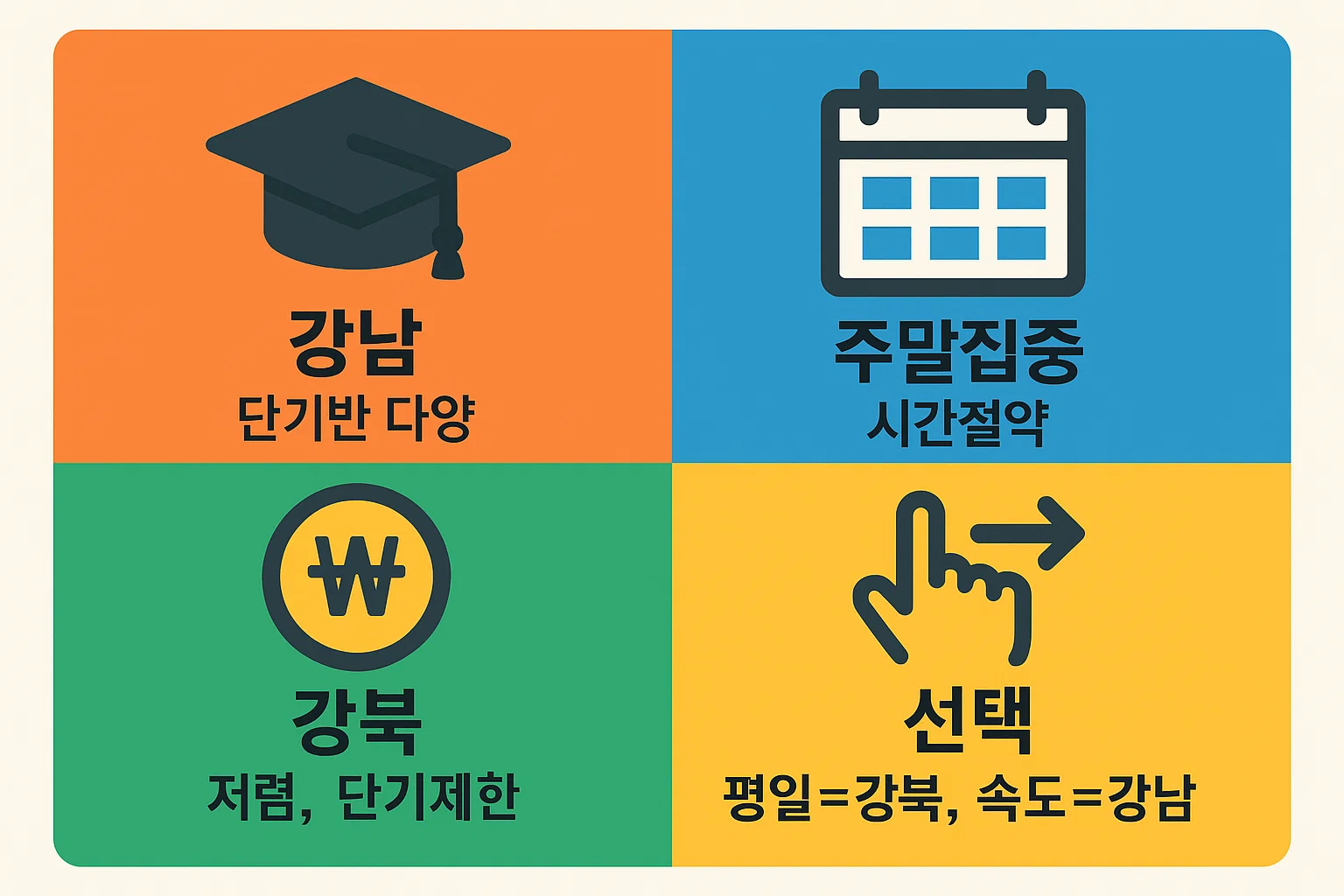 강남은 단기반이 다양하고 주말집중형으로 빠른 취득이 가능하며, 강북은 저렴한 비용과 단기 과정 제한이 있는 특징을 정리한 인포그래픽