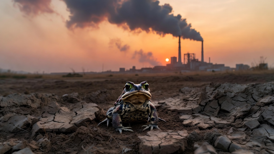 가뭄과 환경 오염으로 위협받는 두꺼비의 상징적 모습
