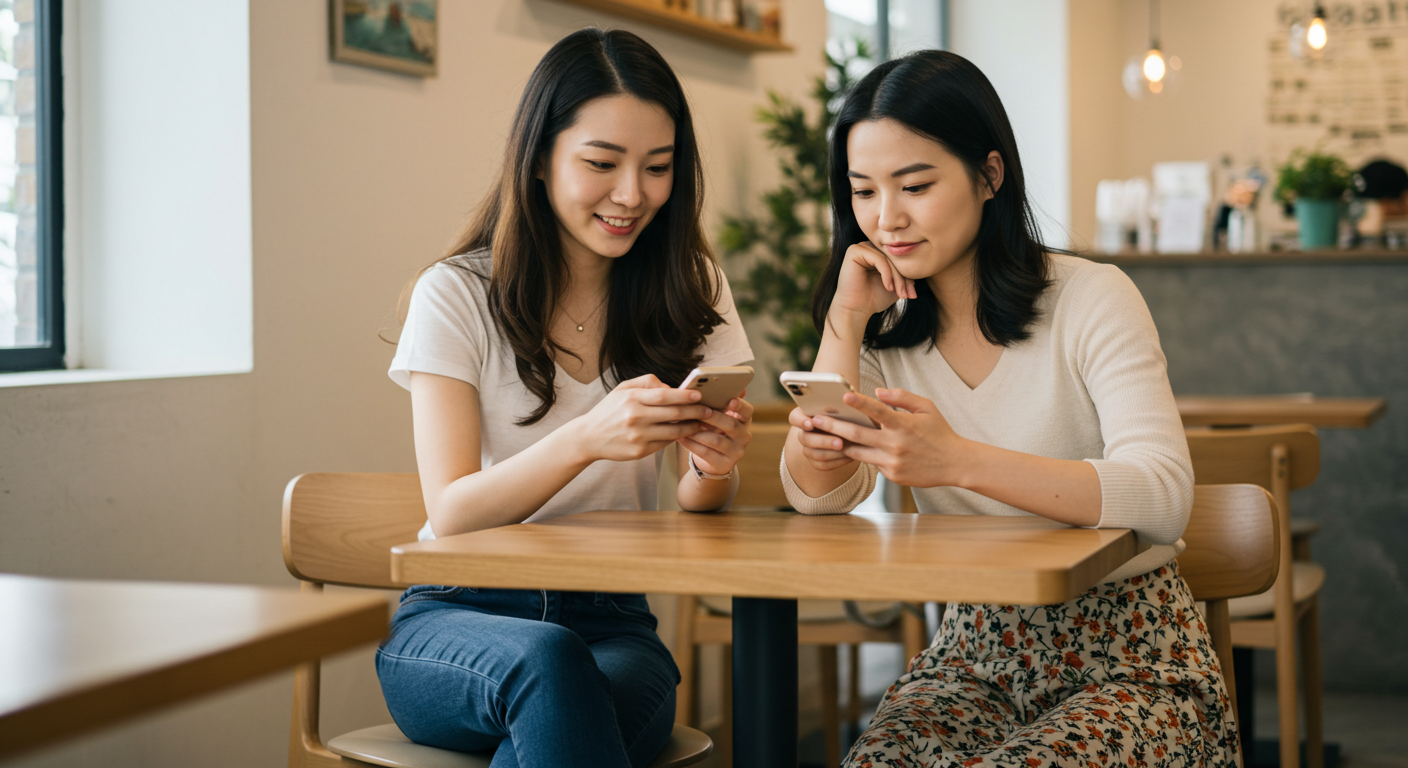 까페에서 각자의 휴대폰을 하는 여성들