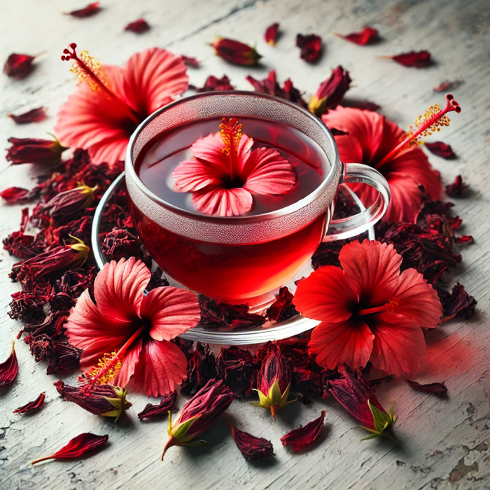 붉은 빛 히비스커스차가 담긴 투명 찻잔