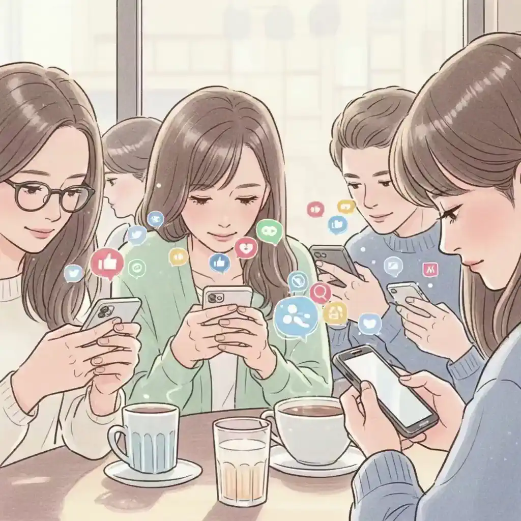 카페에서 스마트폰 보는 사람들