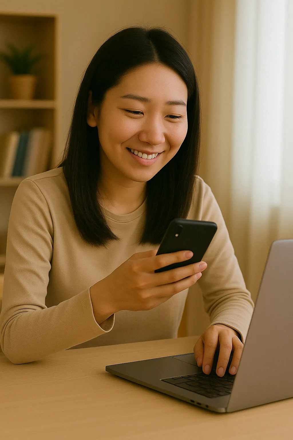 휴대폰으로 건강보험 민원 앱을 확인하며 미소 짓는 여성