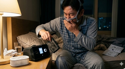 오염된 양압기 필터를 꺼내 들고 심한 악취 때문에 코를 막으며 괴로워하는 남성의 모습.