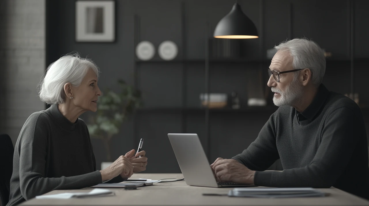 노부부가 집무실에서 랩탑을 보고 절세 혜택 관련 전략을 논의하며 미래를 준비하는 따뜻한 분위기의 이미지.