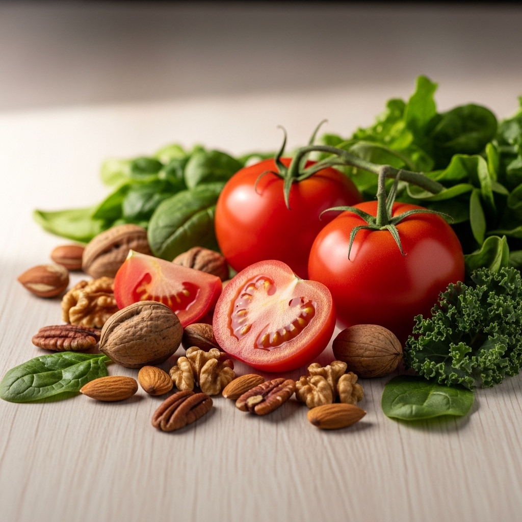 눈 건강을 돕는 항산화 식단을 상징하는 음식 정물 이미지