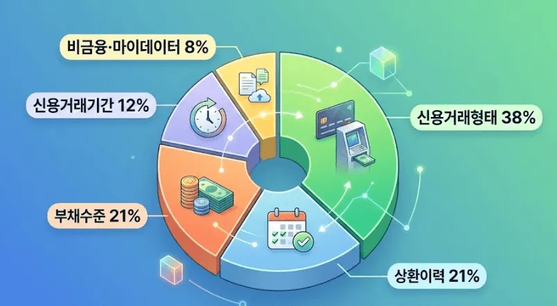 신용점수 하락이유: KCB 신용점수 평가 항목의 비중을 나타내는 깨끗하고 현대적인 디지털 인포그래픽 이미지입니다. 중앙의 도넛형 원형 그래프는 5개의 섹션으로 나뉘어 있으며, 각 섹션에는 해당 항목의 이름과 비중(%), 그리고 상징적인 아이콘이 포함되어 있습니다. 가장 큰 비중을 차지하는 항목은 초록색의 '신용거래형태 38%'로, 신용카드, ATM, 현금 아이콘이 있습니다. 그 다음으로 파란색의 '상환이력 21%' (달력과 체크 표시 아이콘)과 주황색의 '부채수준 21%' (동전과 지폐 더미 아이콘)이 같은 비중을 나타냅니다. 보라색 섹션은 '신용거래기간 12%' (시계와 화살표 아이콘), 노란색 섹션은 '비금융·마이데이터 8%' (서류, 구름, 화살표 아이콘)을 보여줍니다. 파란색에서 초록색으로 변하는 그라데이션 배경에 데이터 라인과 작은 큐브 아이콘들이 배치되어 있습니다. 이 이미지는 신용점수를 결정하는 핵심 요소들의 중요도를 시각적으로 설명합니다.