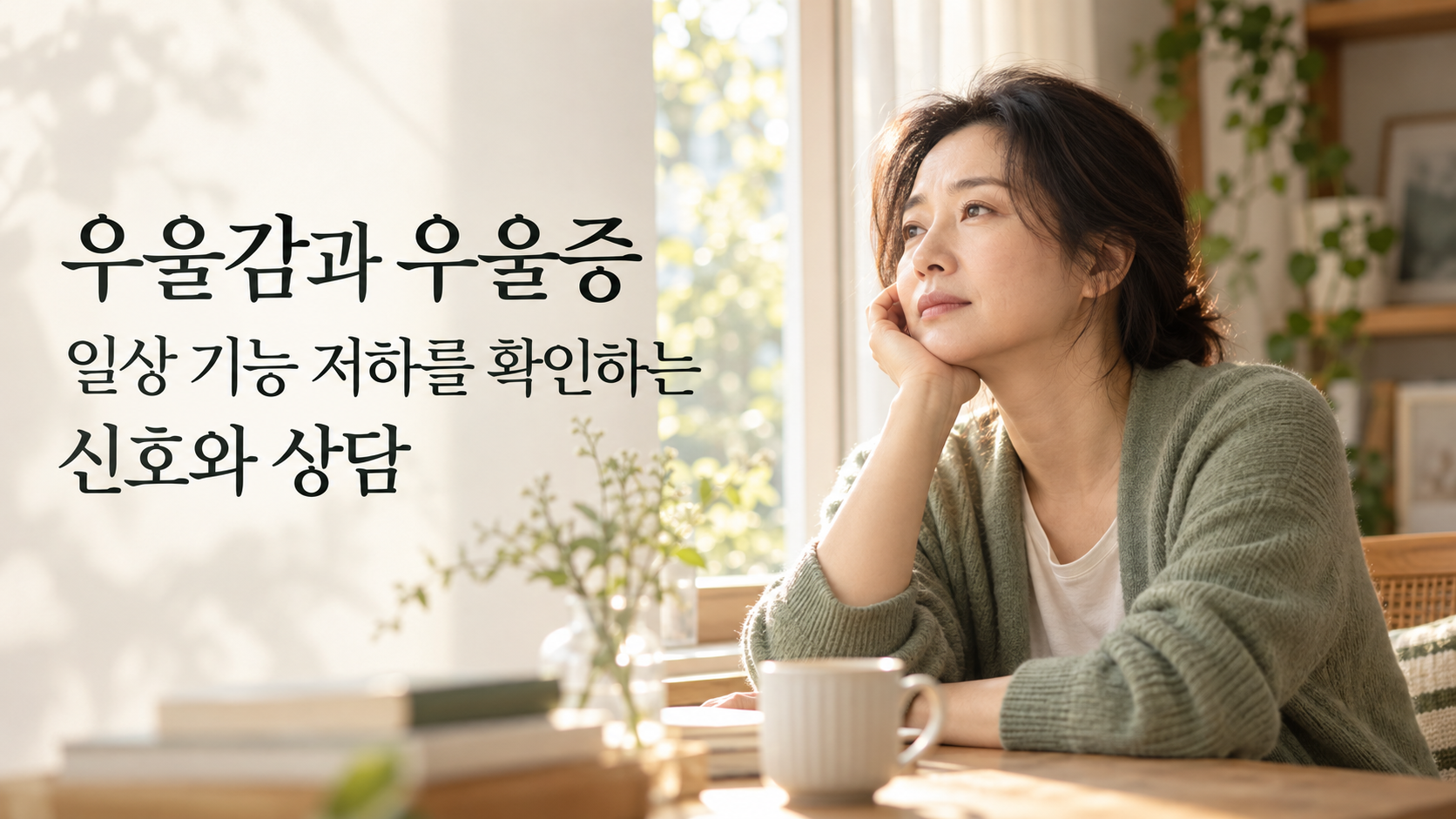 햇빛이 드는 창가에서 자신의 마음 상태를 돌아보는 중년 여성