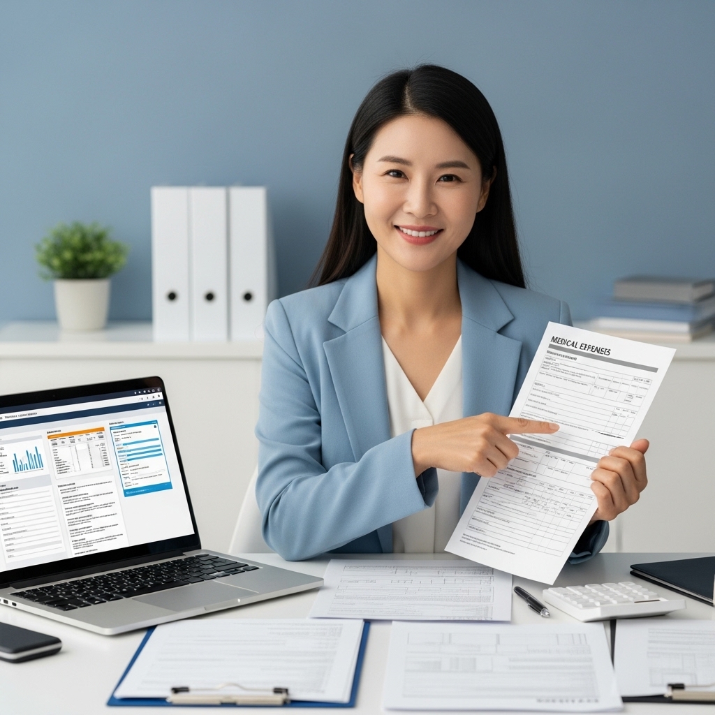 연말정산 서류와 노트북 앞에서 의료비 공제 관련 설명을 해주는 친절한 여성 세무 전문가의 모습.
