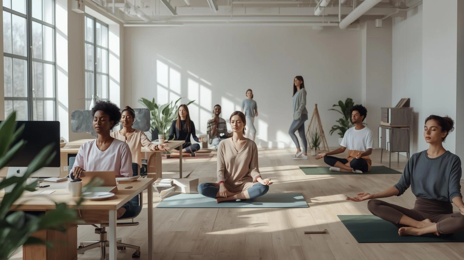 직장에서 단체 명상 프로그램 장면