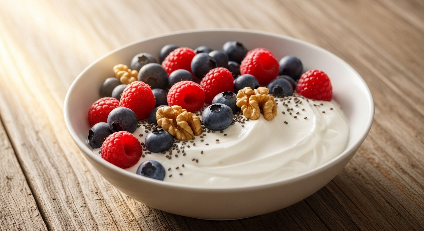 신선한 베리, 치아씨드, 호두가 토핑된 무가당 그릭 요거트가 담긴 건강한 아침 식사 볼.