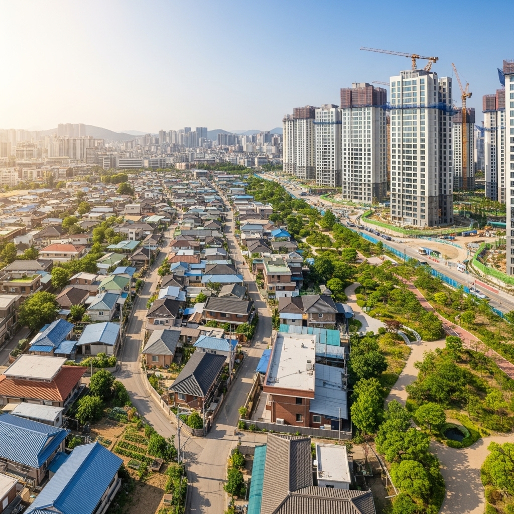 2025년 서울 백사마을 재개발 현장. 한쪽에는 보존된 옛 마을의 골목길과 주택들이, 다른 한쪽에는 신축 아파트 단지가 어우러져 과거와 미래가 공존하는 모습을 보여줍니다.